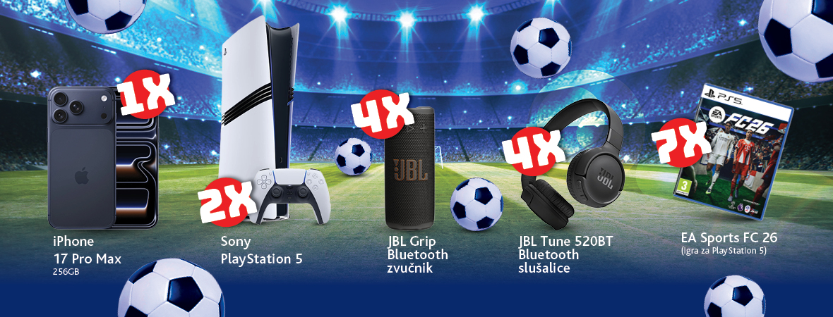Nagrade: iPhone 17 Pro Max, Sony PlayStation 5, JBL Grip zvučnik, JBL Tune 520BT slušalice, EA Sports FC 26